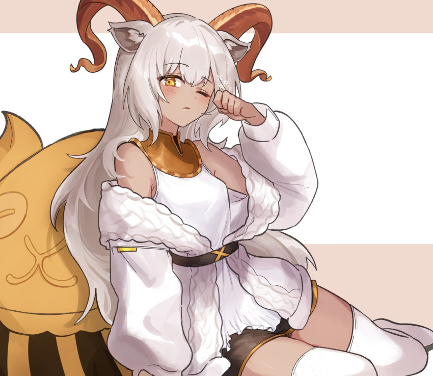 1girl, animal_ears, arknights, bangs, bare_shoulders, beeswax_(arknights), beeswax_(weisser_sand)_(arknights), blush
