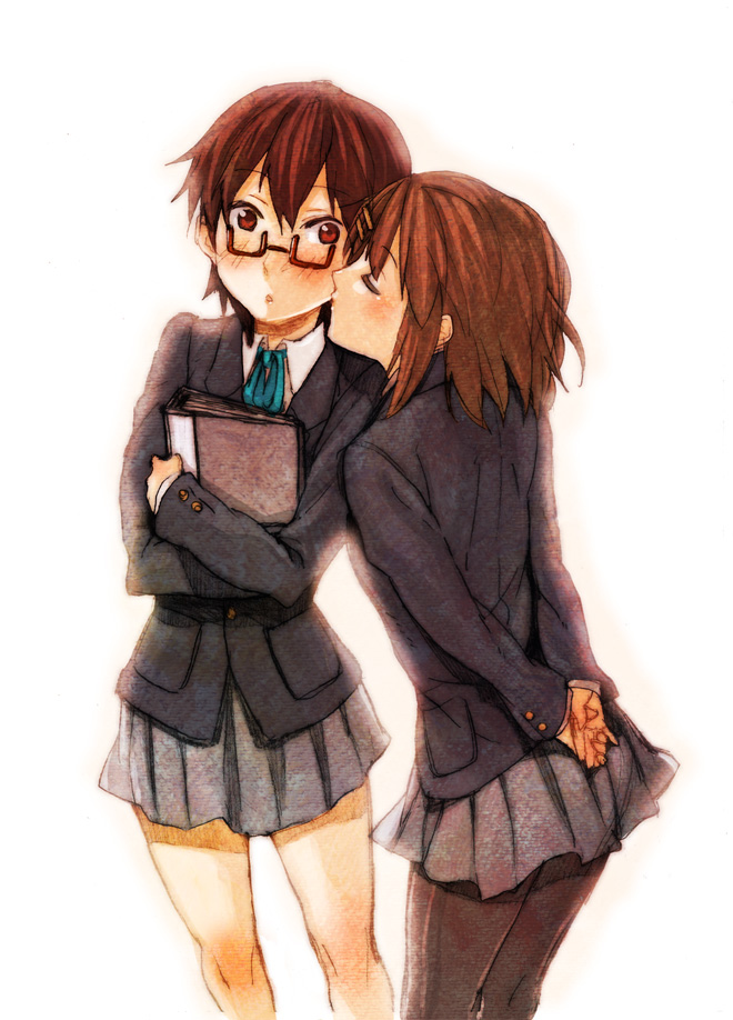 arms_behind_back, book, brown-framed_glasses, brown_eyes, brown_hair, cheek_kiss, enji127, fukutarou_(enji127)