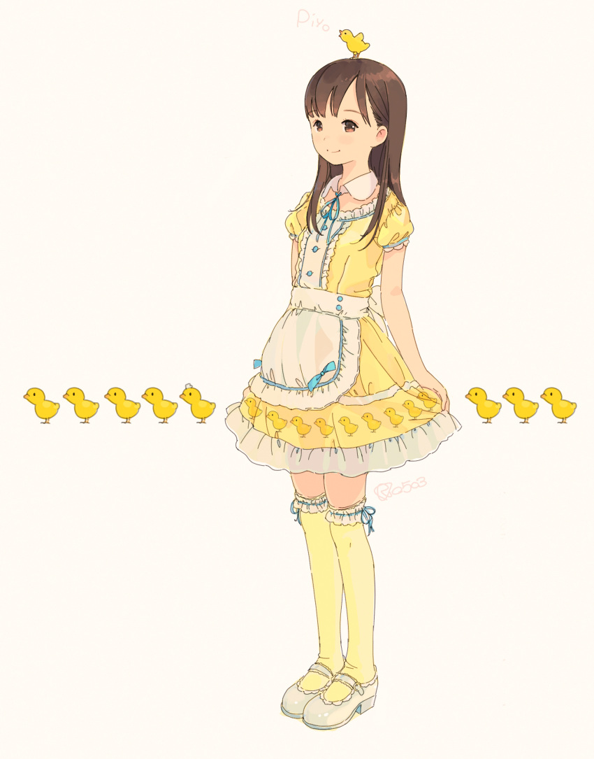 1girl, absurdres, animal_on_head, apron, bangs, bird, bird_on_head, bow