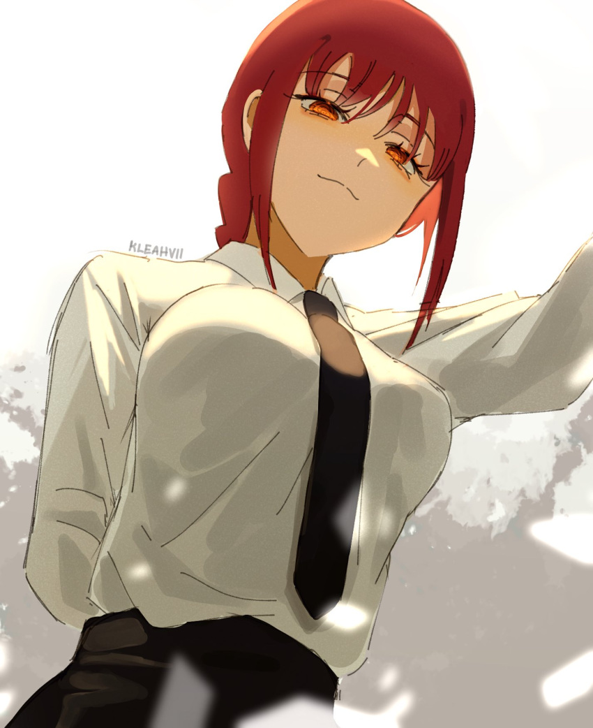 1girl, arm_behind_back, artist_name, bangs, black_neckwear, braid, braided_ponytail, breasts, chainsaw_man, closed_mouth, collared_shirt, english_commentary, eyebrows_visible_through_hair, formal, from_below, highres, kleahvii, large_breasts, long_sleeves, looking_at_viewer, makima_(chainsaw_man), necktie, redhead, ringed_eyes, shirt, sidelocks, simple_background, smile, solo, suit, white_shirt, yellow_eyes