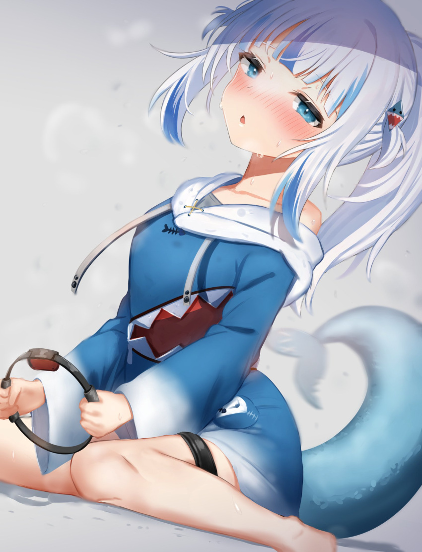 1girl, bangs, blue_eyes, blue_hair, blunt_bangs, blush, breath, fish_tail