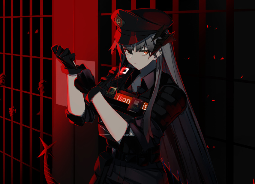 1girl, 6+others, adjusting_clothes, adjusting_gloves, arknights, belt, black_gloves, black_headwear