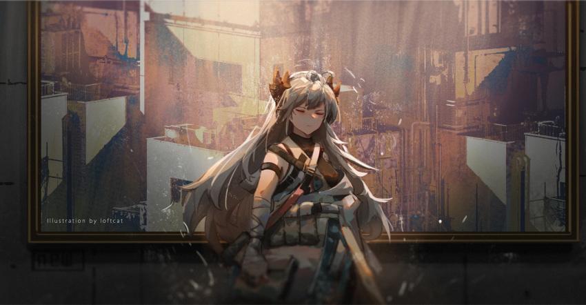 1girl, arknights, artist_name, bandaged_arm, bandages, belt_pouch, black_shirt, closed_eyes