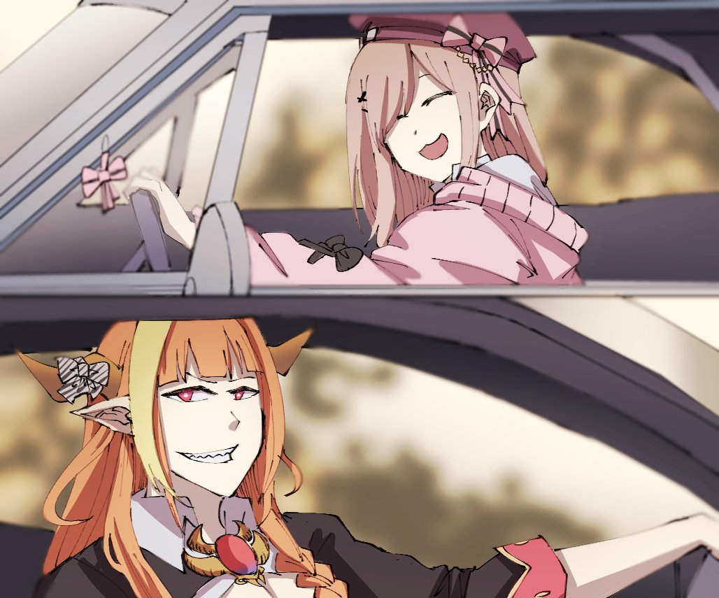 2girls, car, closed_eyes, dragon_girl, dragon_horns, furious_7, grin, ground_vehicle, hololive, horns, kiryu_coco, lawzanid, light_brown_hair, motor_vehicle, multiple_girls, nijisanji, orange_hair, red_eyes, smile, suzuhara_lulu, the_fast_and_the_furious