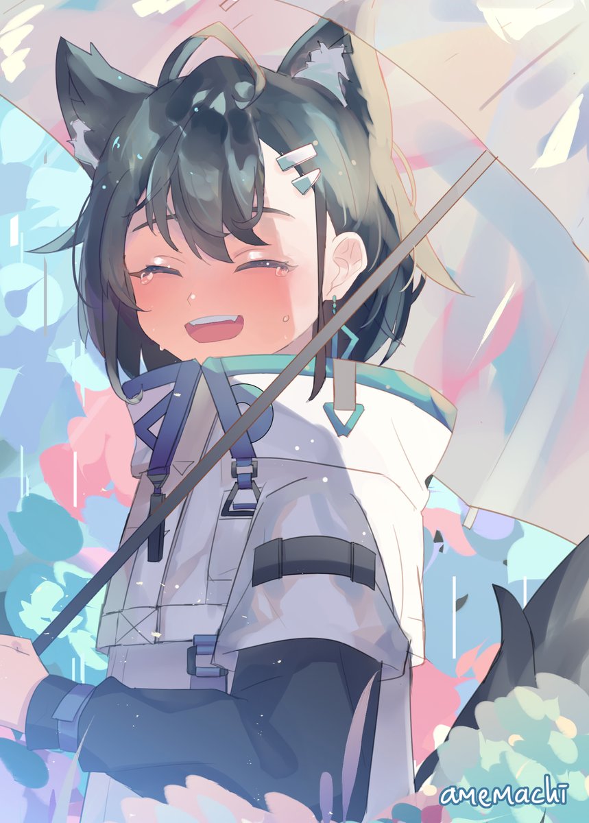 1girl, amemachi_hanabi, animal_ears, bangs, black_hair, black_sleeves, english_commentary, eyebrows_behind_hair