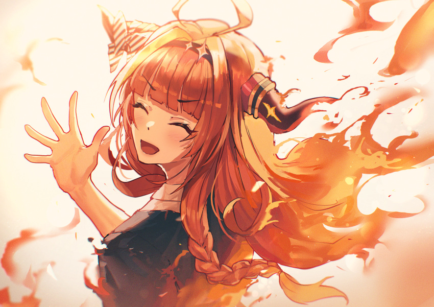 1girl, absurdres, ahoge, bow, braid, closed_eyes, dragon_horns, fiery_hair