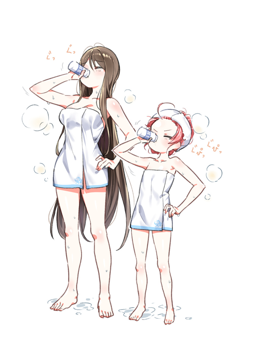 2girls, ahoge, breasts, brown_hair, closed_eyes, drinking, flat_chest, height_difference