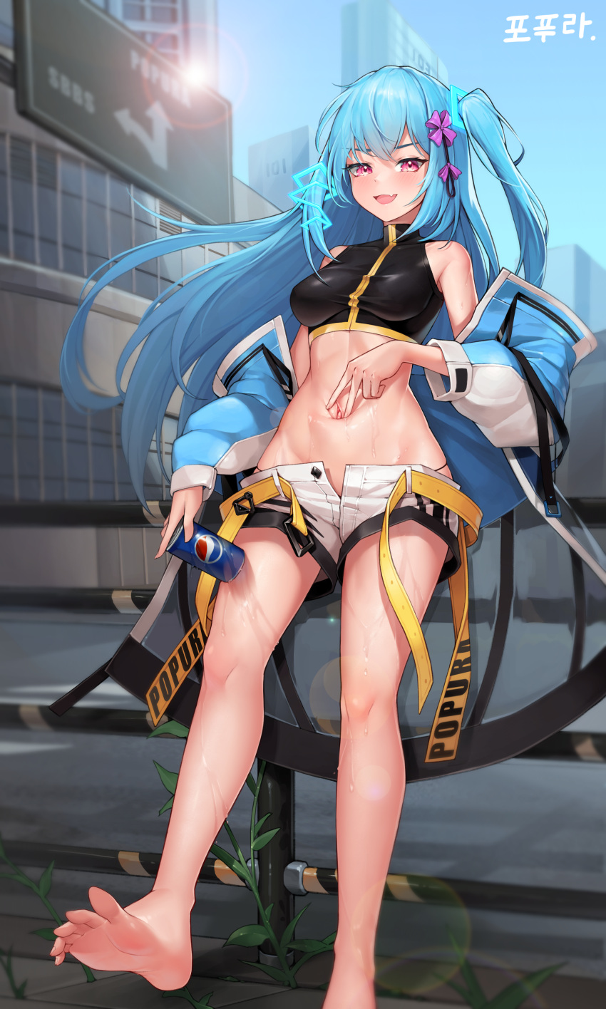1girl, :d, absurdres, bangs, bare_legs, bare_shoulders, barefoot, blue_hair