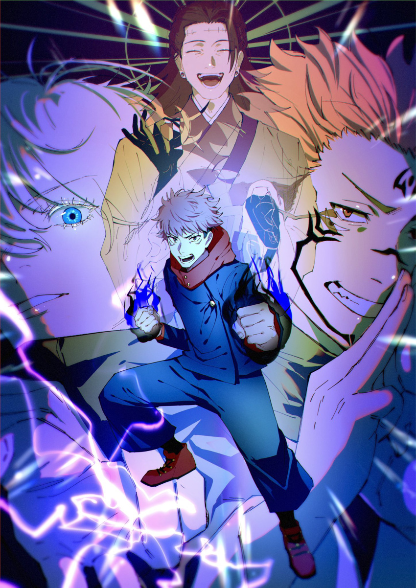 4boys, ^_^, aura, bangs, black_hair, black_jacket, black_pants, blue_eyes