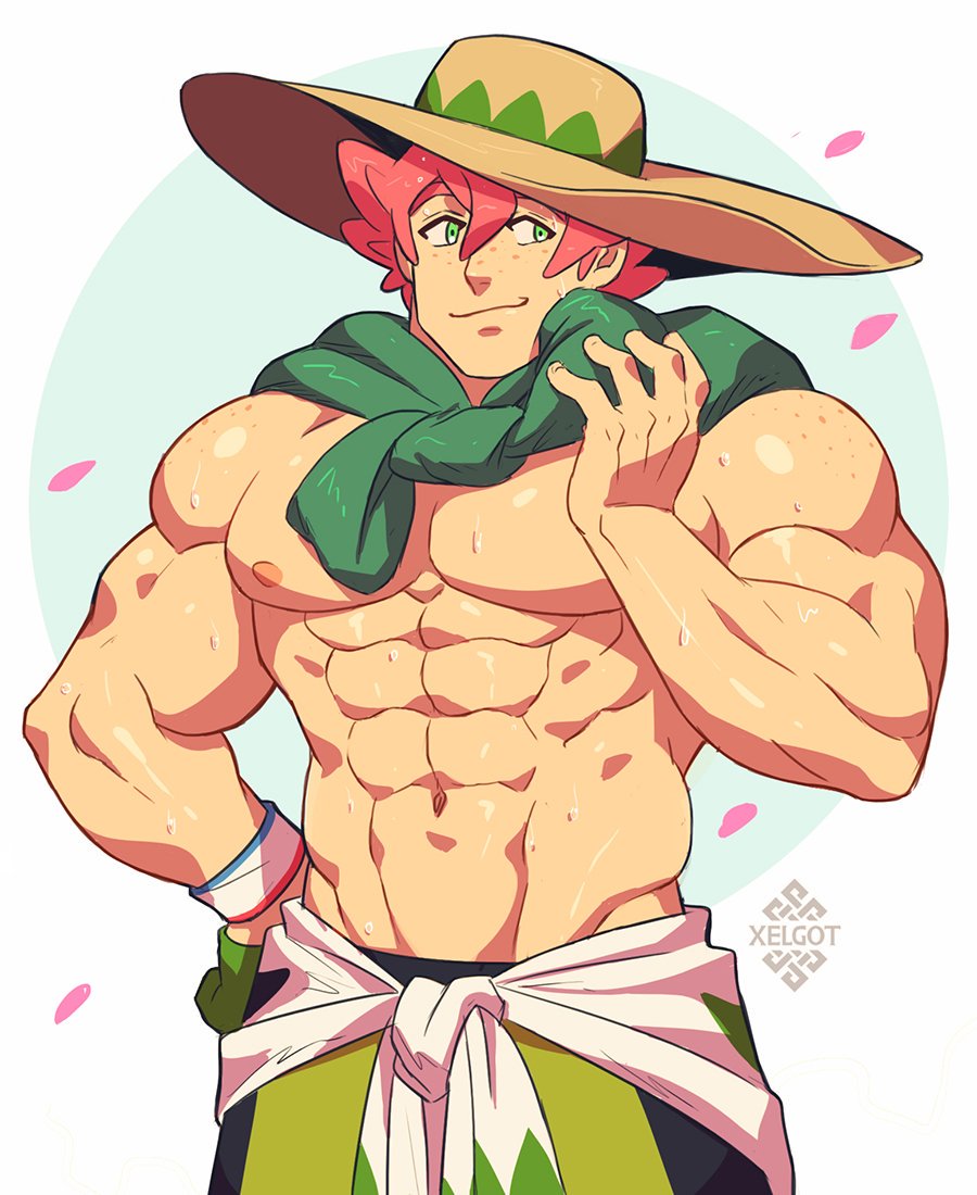1boy, abs, artist_name, bangs, beige_headwear, closed_mouth, clothes_around_waist, commentary