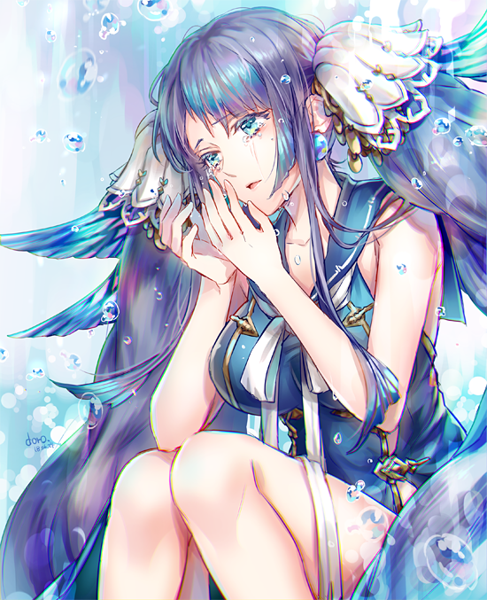 1girl, blue_eyes, blue_hair, breasts, bubble, crying, dr., earrings