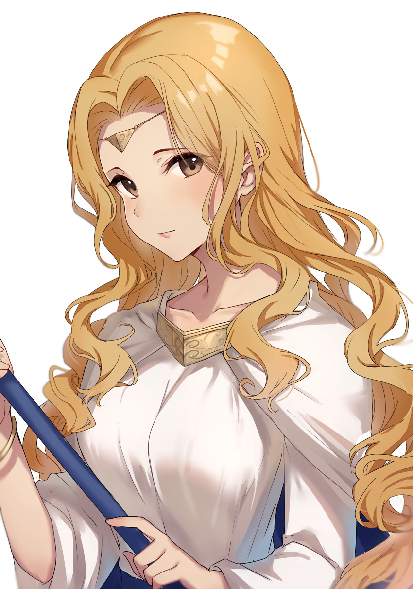 1girl, absurdres, blonde_hair, blush, bracelet, brown_eyes, cape, circlet