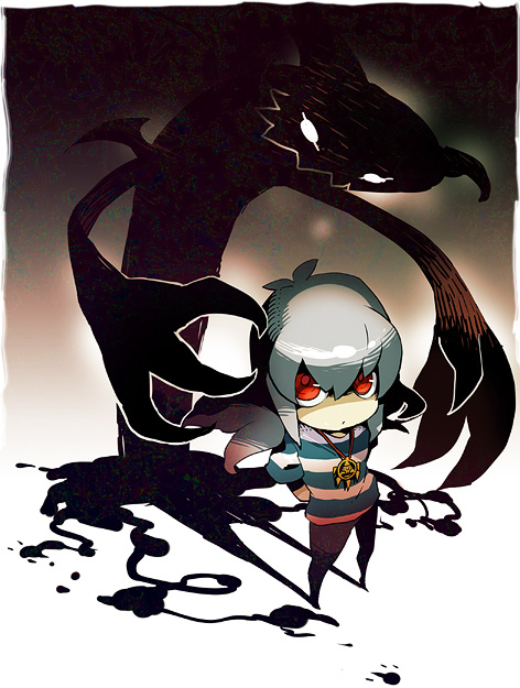 chibi, demon, jeans, male, millennium_ring, red_eyes, shirt, silver_hair, striped, striped_shirt, yu-gi-oh!, yuu-gi-ou, yuu-gi-ou_duel_monsters