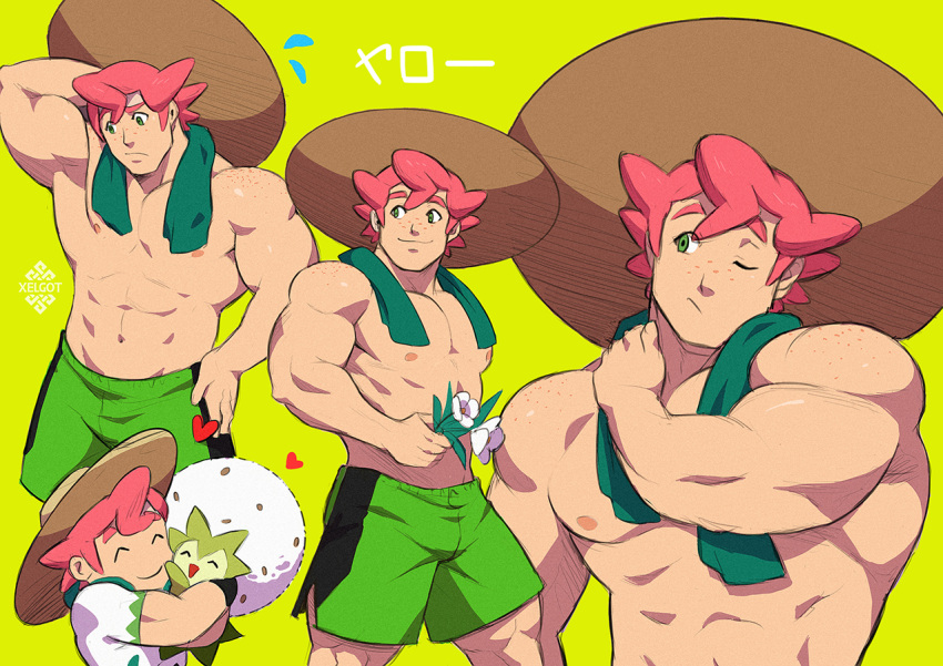 1boy, abs, arm_behind_head, brown_headwear, character_name, closed_eyes, closed_mouth, commentary