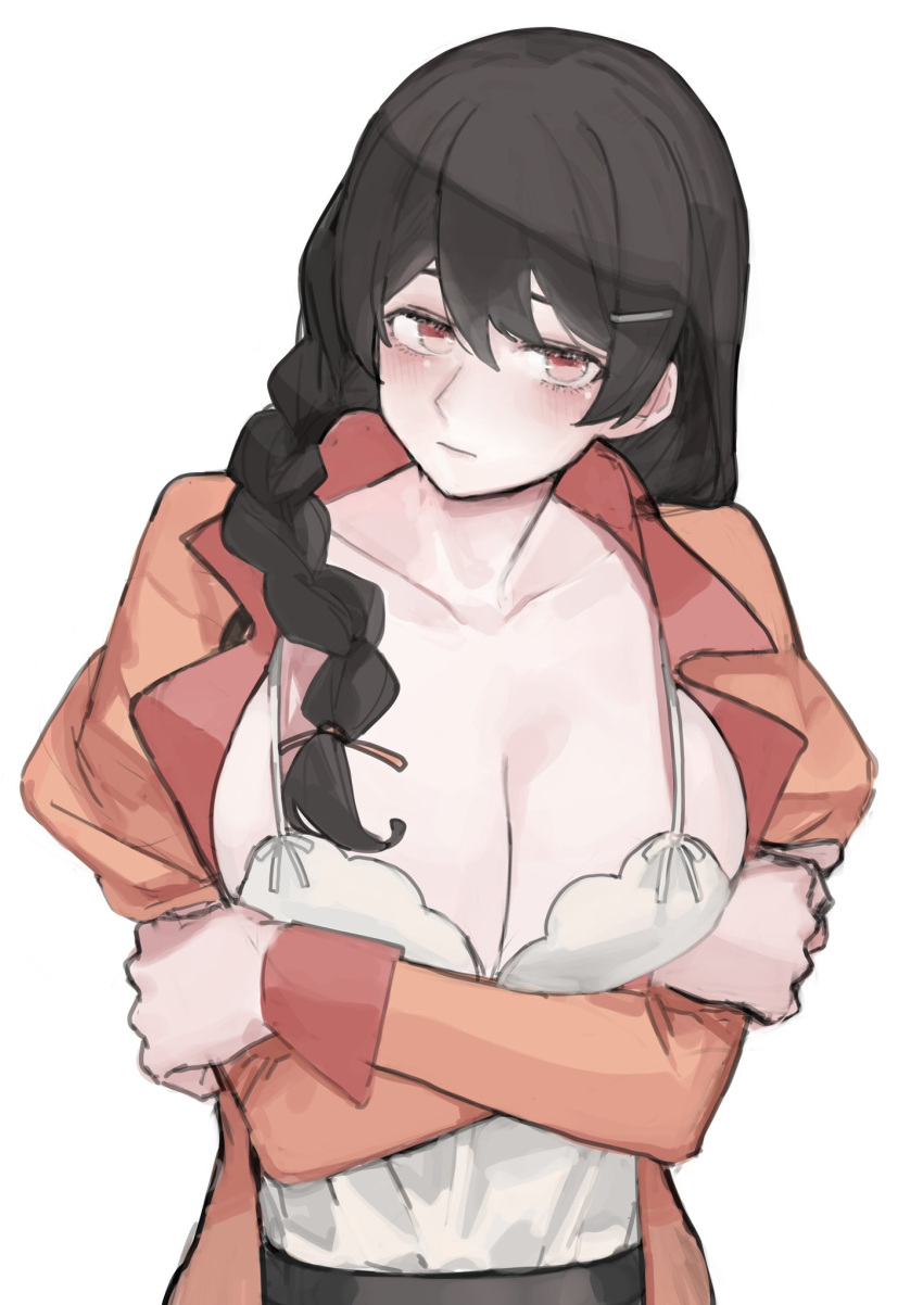 1girl, black_hair, blush, bra, braid, breast_press, breasts, collarbone
