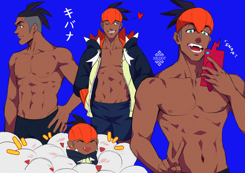 1boy, abs, artist_name, black_hair, black_hoodie, blue_background, blue_shorts, blush