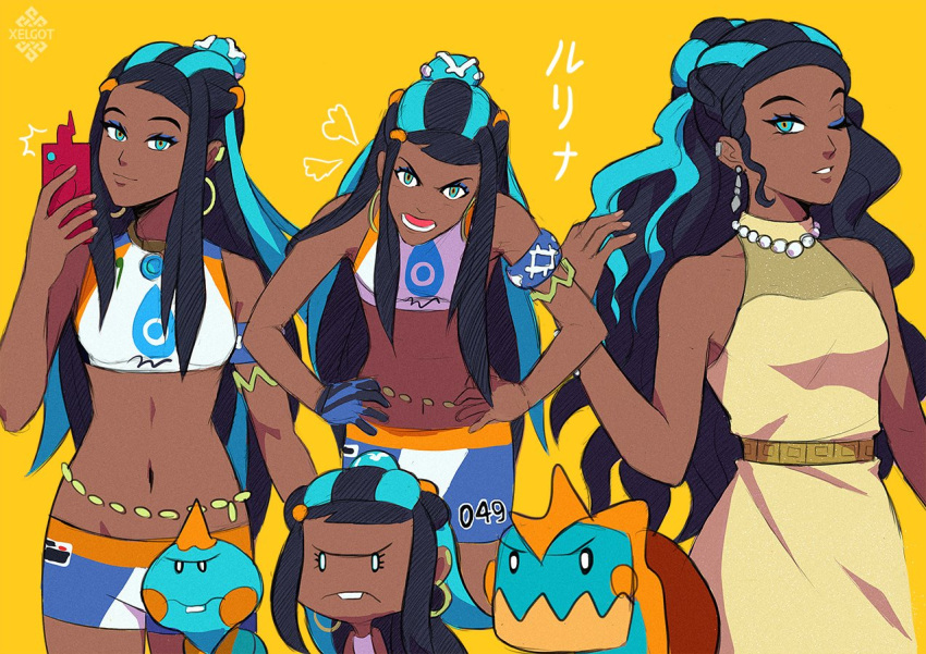 1girl, armlet, bare_arms, belly_chain, bike_shorts, black_hair, blue_eyes, blue_eyeshadow, blue_hair, breasts, chewtle, closed_mouth, commentary, dark-skinned_female, dark_skin, drednaw, dress, earrings, eyeshadow, gen_4_pokemon, gen_8_pokemon, gym_leader, hair_bun, hands_on_hips, holding, holding_phone, hoop_earrings, imitating, jewelry, long_hair, looking_at_viewer, makeup, multicolored_hair, multiple_views, navel, necklace, nessa_(pokemon), one_eye_closed, parted_lips, pearl_necklace, phone, pokemon, pokemon_(creature), pokemon_(game), pokemon_swsh, rotom, rotom_phone, simple_background, sleeveless, sleeveless_dress, smile, two-tone_hair, xelgot, yellow_background, yellow_dress
