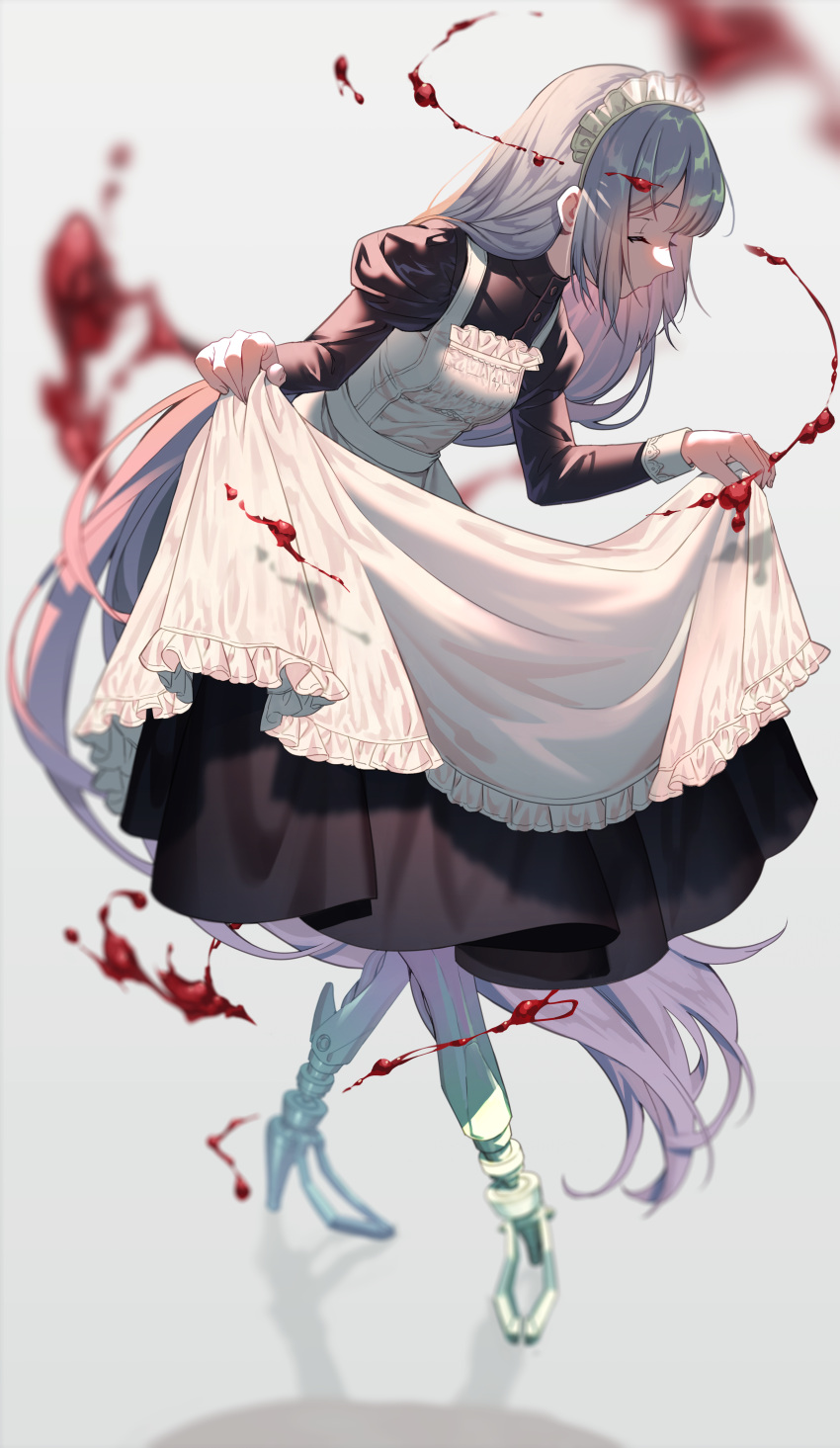 1girl, absurdly_long_hair, absurdres, apron, bangs, black_dress, blood, blurry