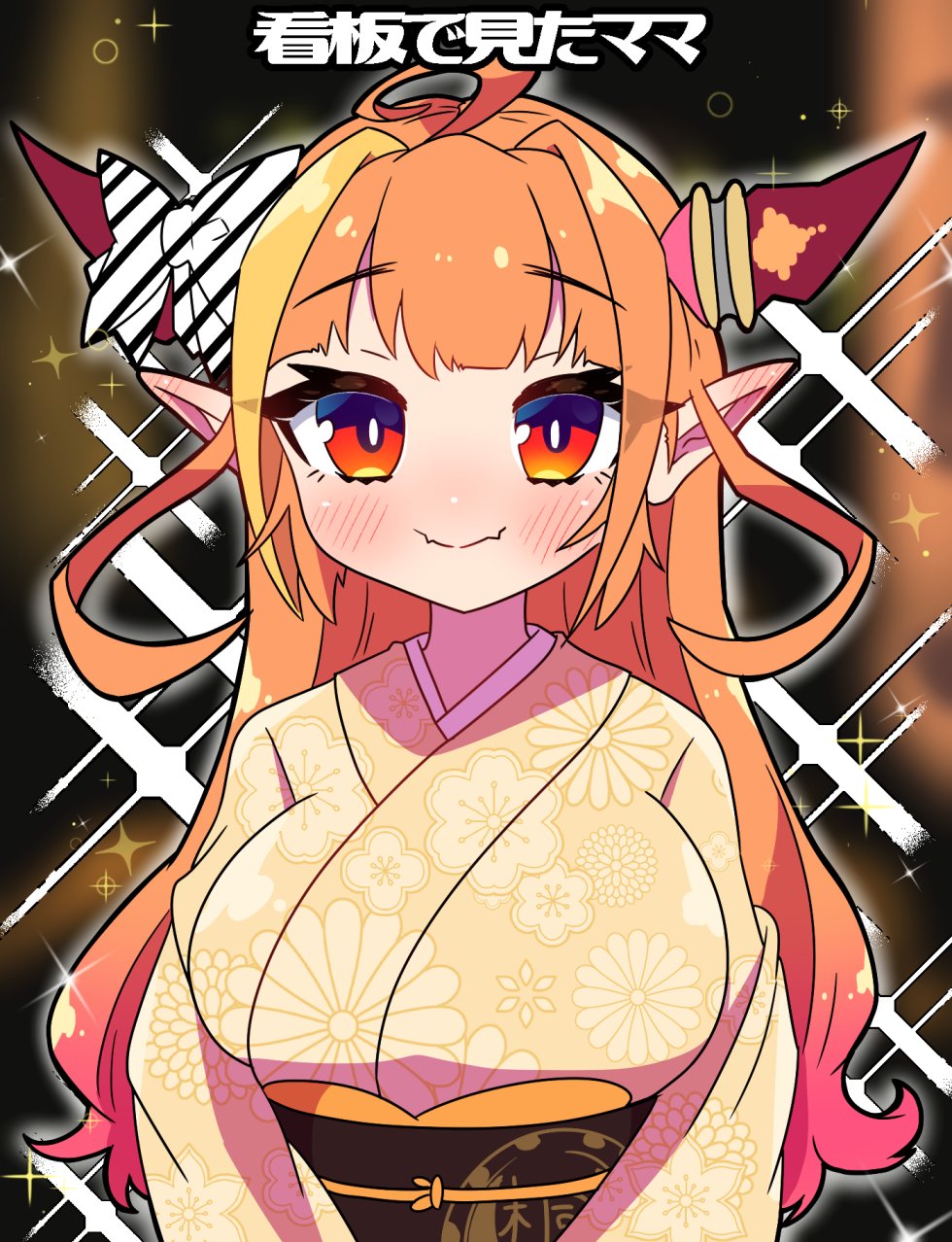 1girl, ahoge, bow, breasts, dragon_girl, dragon_horns, fangs, highres