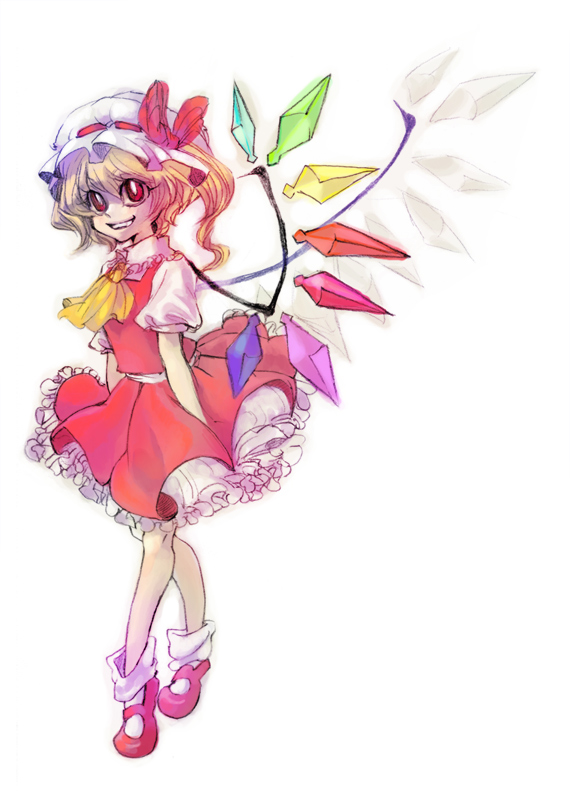 flandre_scarlet, grin, hat, mary_janes, petticoat, red_eyes, shio_(kuroame), shoes