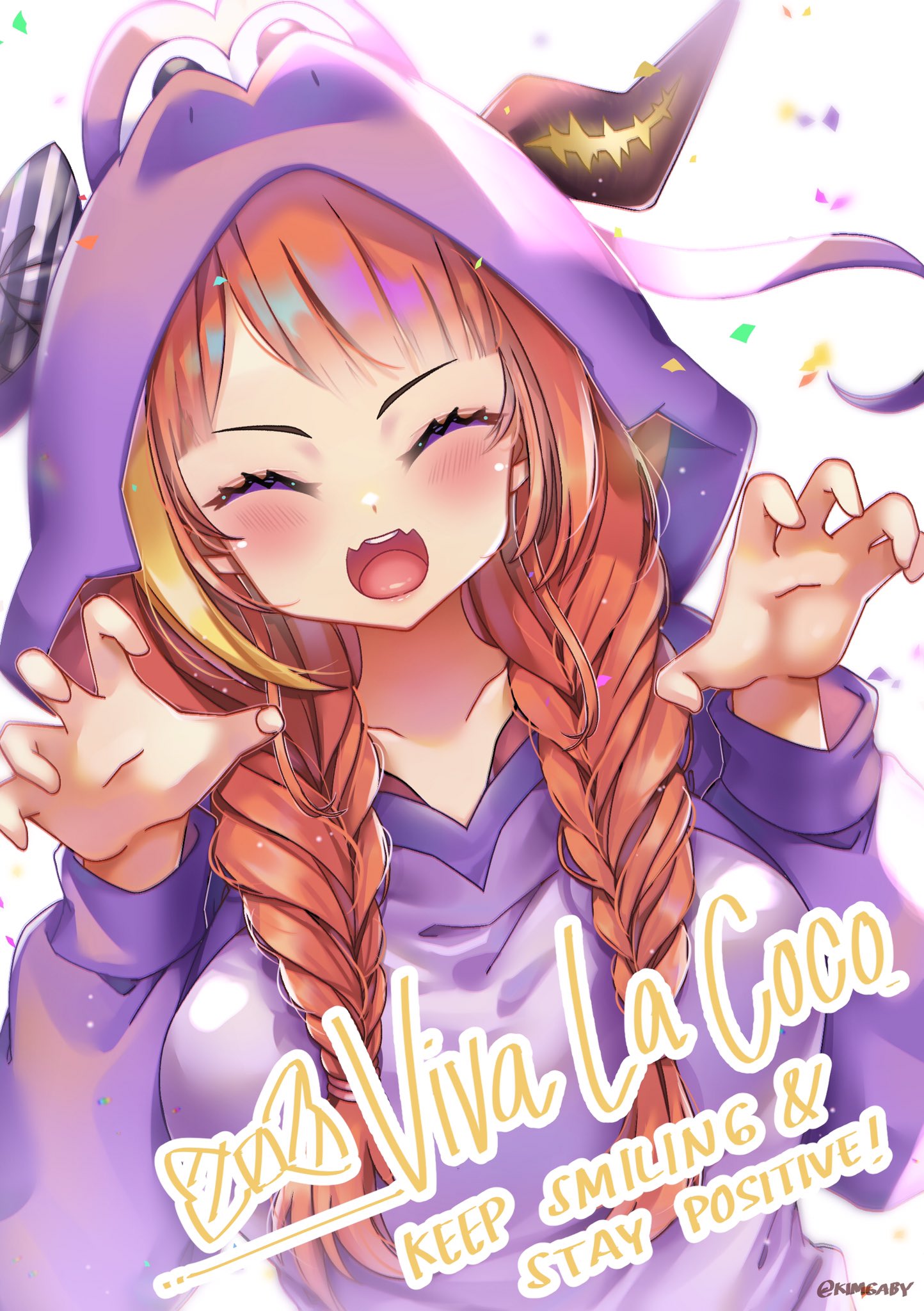 1girl, animal_costume, artist_name, bangs, braid, closed_eyes, dragon_costume, dragon_girl, dragon_hood, dragon_horns, eyebrows_visible_through_hair, facing_viewer, highres, hololive, hood, hood_up, horns, kimgaby, kiryu_coco, open_mouth, orange_hair, twin_braids, virtual_youtuber