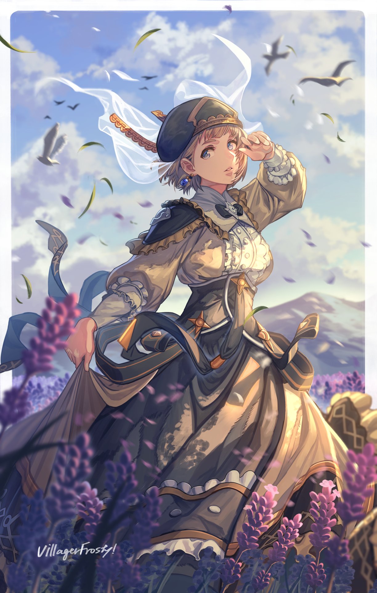 !, 1girl, artist_name, bird, blue_eyes, bow, bowtie, breasts, clouds, day, dress, earrings, fire_emblem, fire_emblem:_three_houses, frilled_dress, frills, frostyvillager, hat, highres, jewelry, long_sleeves, looking_at_viewer, medium_breasts, mercedes_von_martritz, outdoors, parted_lips, plant, short_hair, sky, solo, standing, teeth, watermark