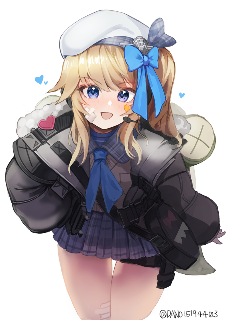 1girl, :d, ascot, bag, bandage_on_face, bandages, bangs, beret