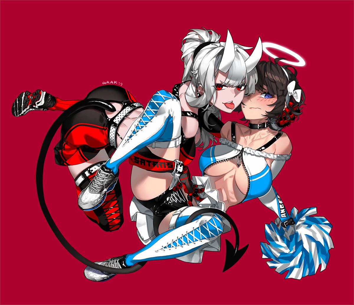 2girls, angel, artist_name, azazel_(helltaker), black_hair, blue_eyes, blush, breasts