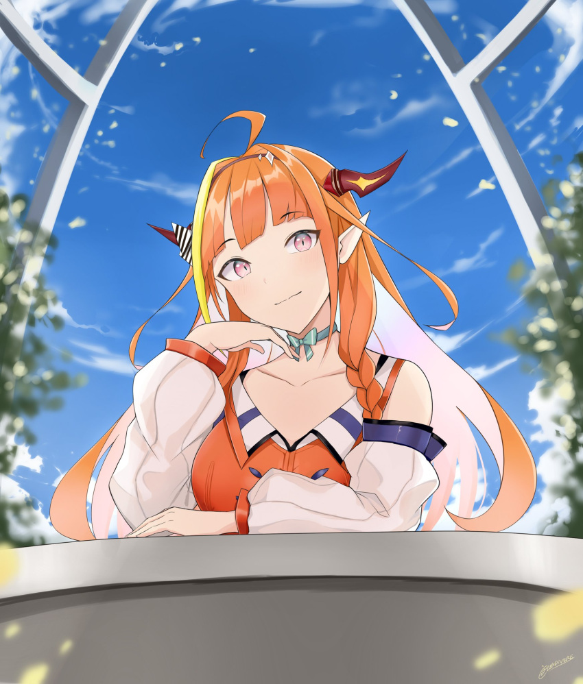 ahoge, blonde_hair, blue_sky, blurry, blurry_background, blush, cosplay, day