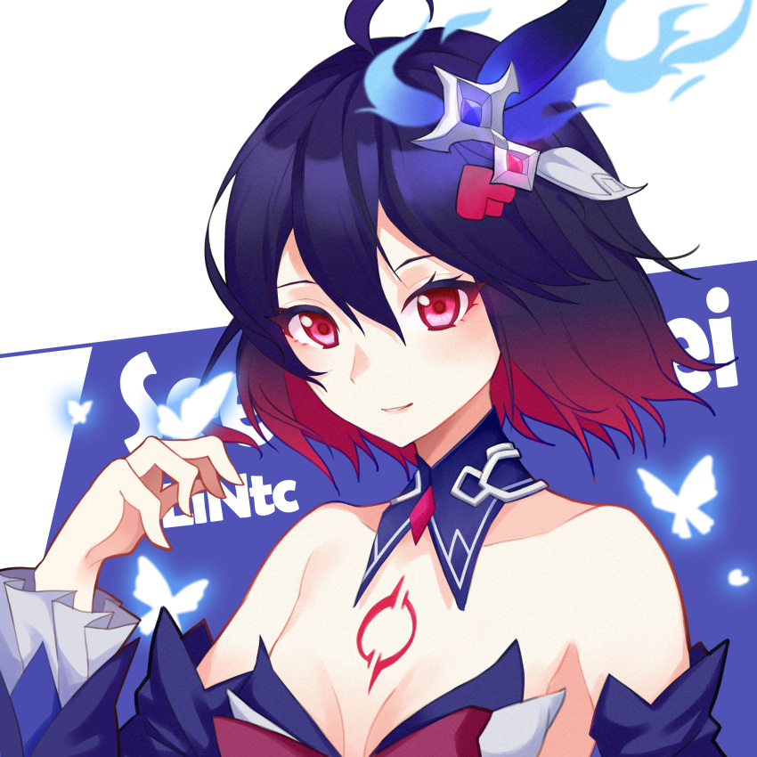 1girl, absurdres, antenna_hair, bangs, bare_shoulders, blue_butterfly, blue_hair, bug