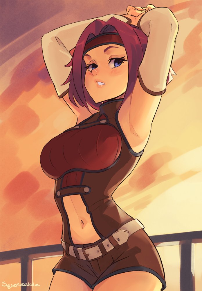 1girl, armpits, arms_up, belt, blue_eyes, blush, breasts, brown_shirt