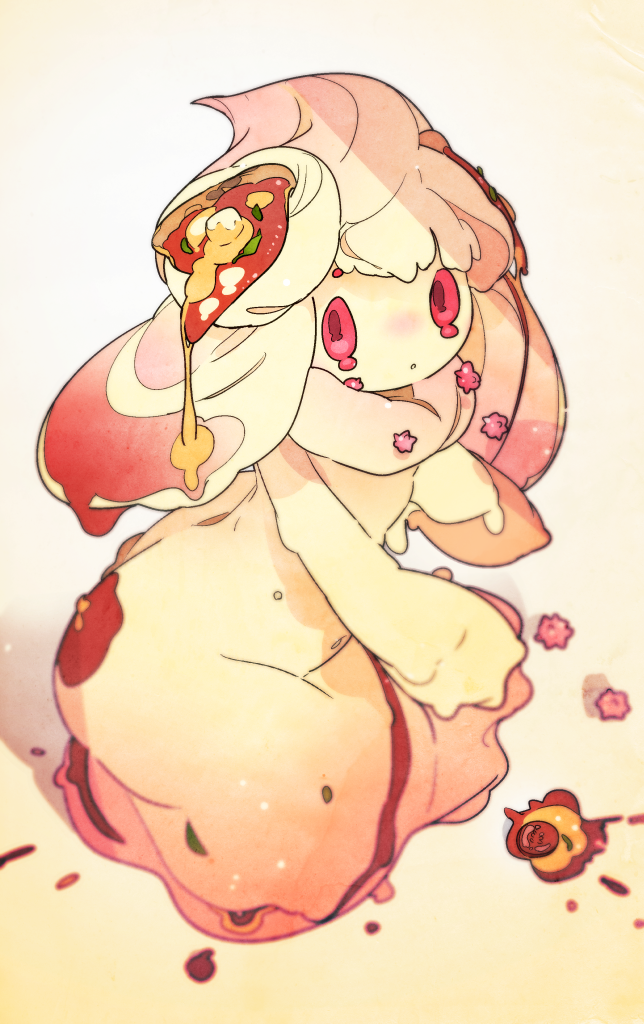 alcremie, alcremie_(other_sweet), alcremie_(vanilla_cream), blurry, blurry_foreground, crying, depth_of_field, gen_8_pokemon, kuroi_moyamoya, looking_at_viewer, no_humans, parted_lips, pokemon, pokemon_(creature), solo, tears