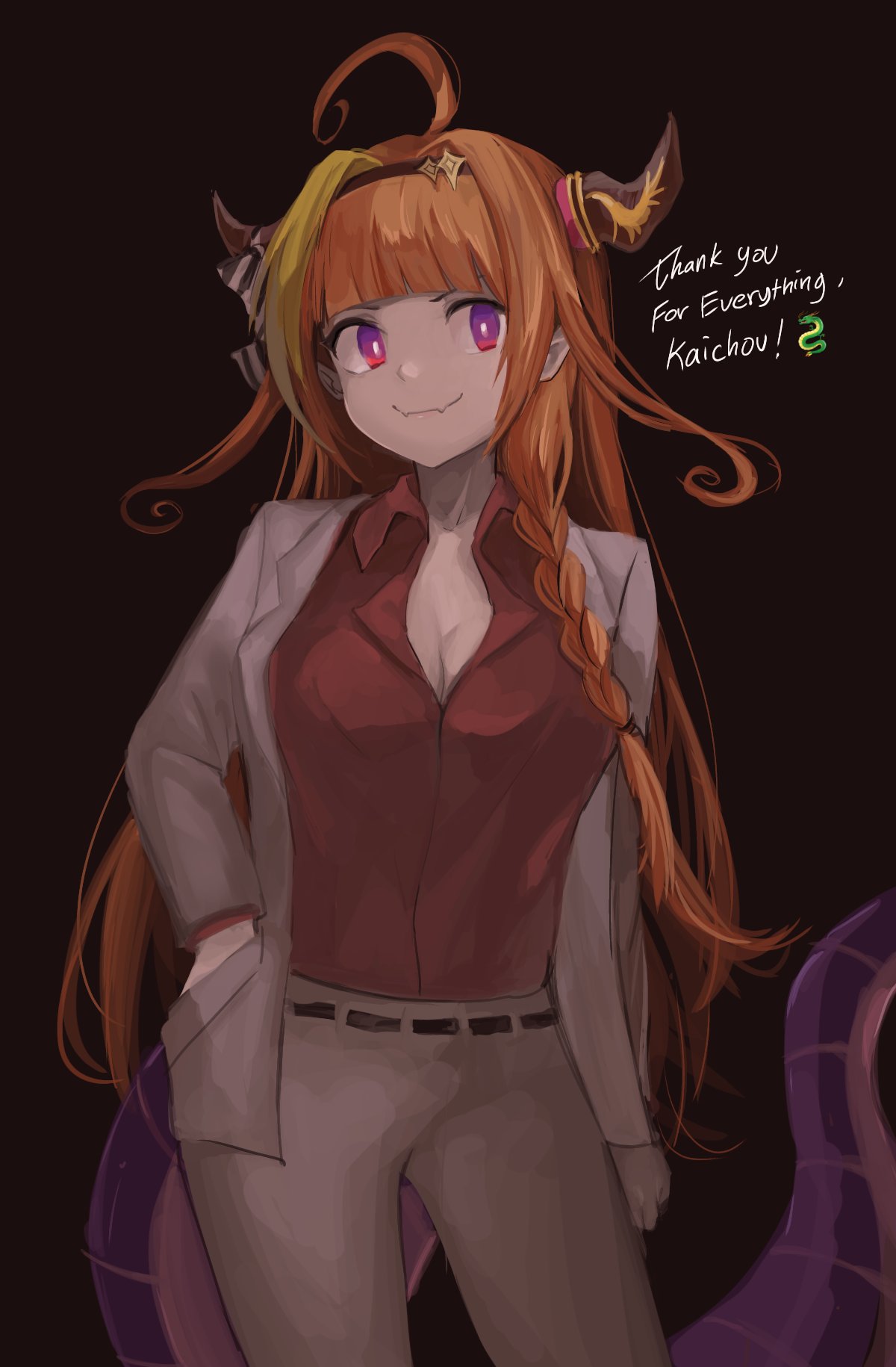 1girl, ahoge, bangs, blonde_hair, bow, braid, cosplay, dragon_girl