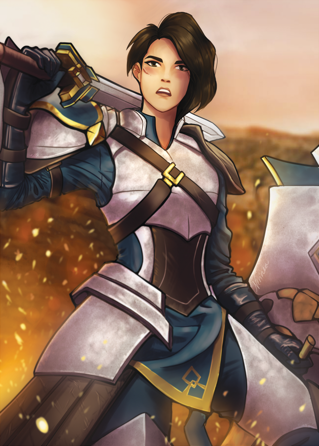 1girl, amaya_the_dragon_prince, armor, blush, brown_hair, general_amaya, holding_sword, holding_weapon, looking_afar, short_hair, solo, tagme, tdp, the_dragon_prince, weapon_over_shoulder