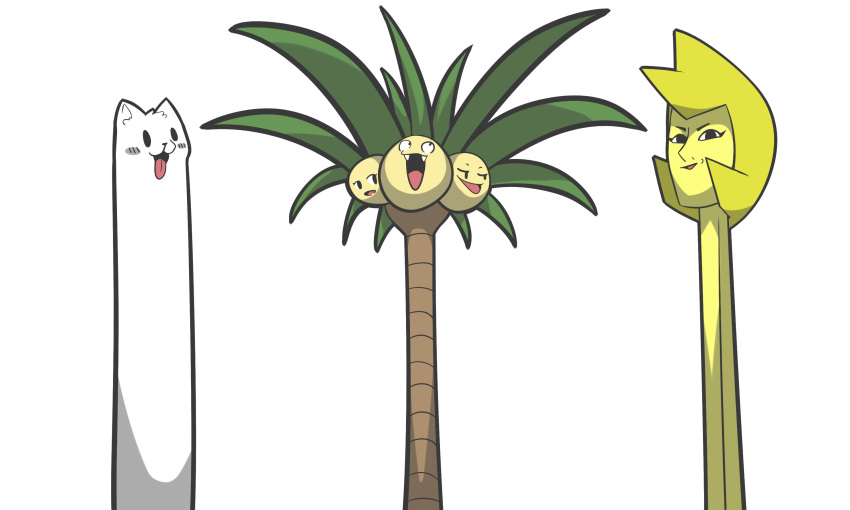 0_0, 1girl, :3, alolan_exeggutor, alolan_form, animal, annoying_dog, black_eyes, blank_eyes, blonde_hair, blush, blush_stickers, colored_skin, crossover, dog, fang, fangs, gen_7_pokemon, happy, highres, kaips, looking_at_another, looking_at_viewer, looking_to_the_side, open_mouth, pokemon, pokemon_(creature), short_hair, simple_background, smile, steven_universe, tongue, tongue_out, tree, undertale, white_background, yellow_diamond_(steven_universe), yellow_skin