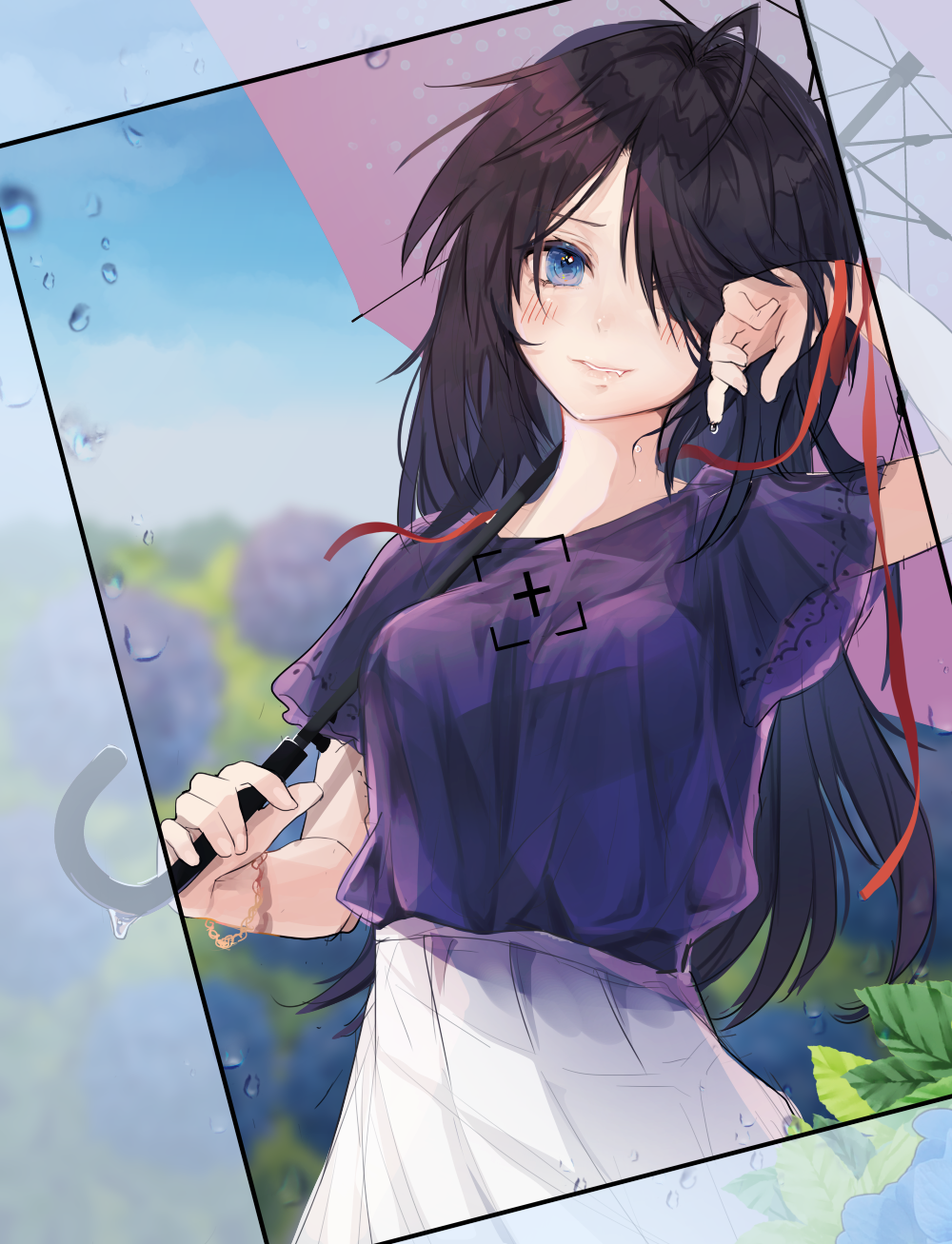 1girl, ahoge, bangs, black_hair, blue_eyes, blue_shirt, blurry, blurry_background