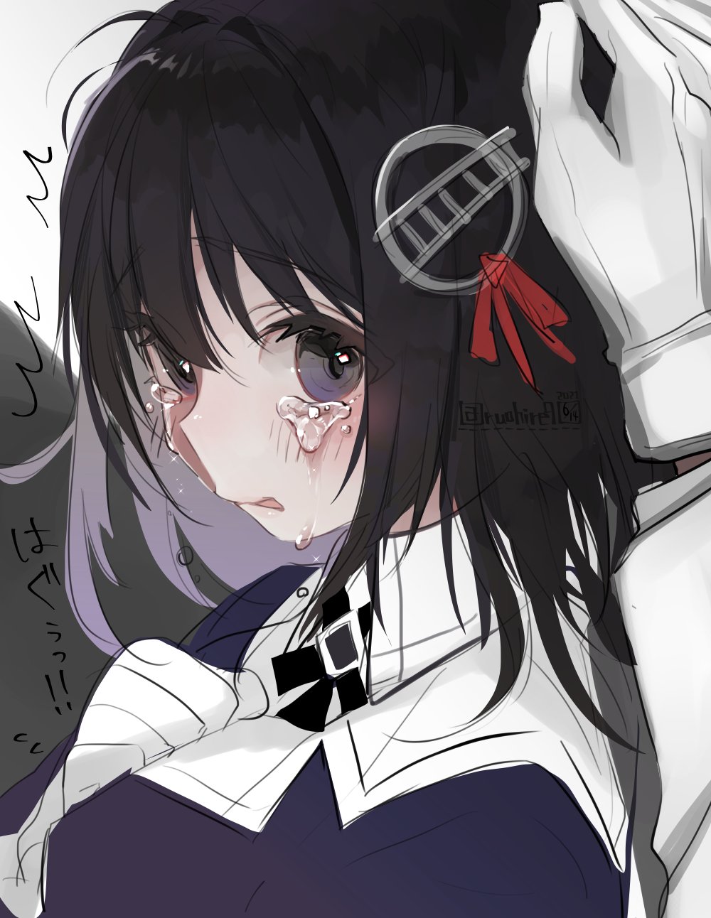 1boy, 1girl, admiral_(kancolle), bangs, black_hair, blush, breasts, crying