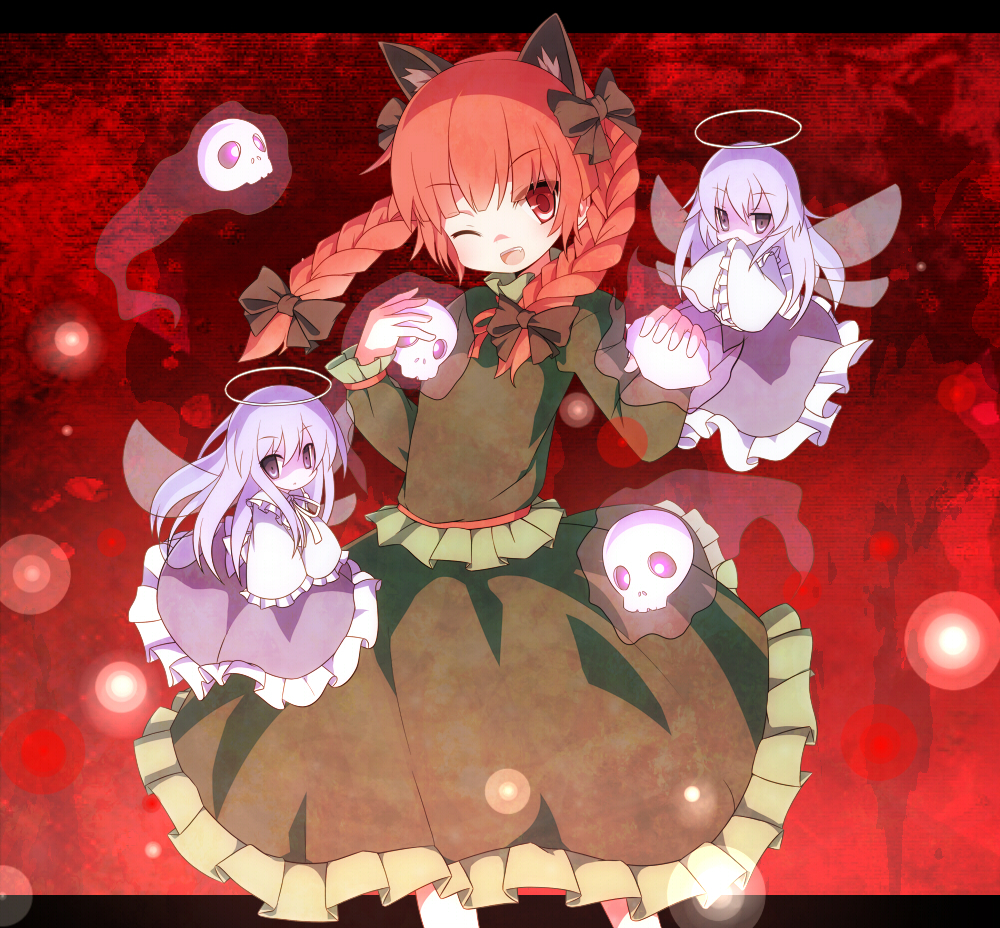 bow, braid, cat_ears, cat_tail, dress, fang, hair_bow, halo