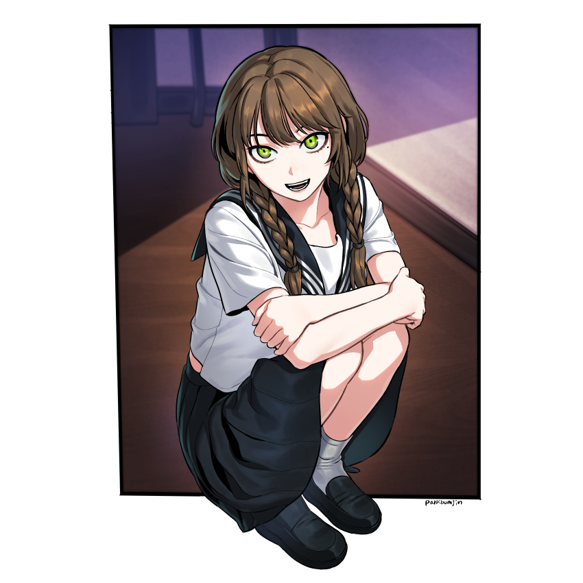 1girl, absurdres, artist_name, black_footwear, black_skirt, braid, brown_hair, bymjim