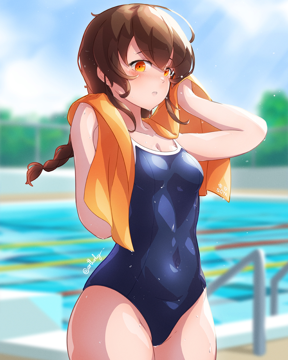1girl, alternate_costume, arthur_ko, blue_sky, blue_swimsuit, braid, breasts, brown_hair, competition_school_swimsuit, covered_navel, cowboy_shot, day, highres, kantai_collection, long_hair, one-piece_swimsuit, orange_eyes, orange_towel, outdoors, pool, poolside, school_swimsuit, single_braid, sky, small_breasts, solo, souya_(kancolle), standing, swimsuit