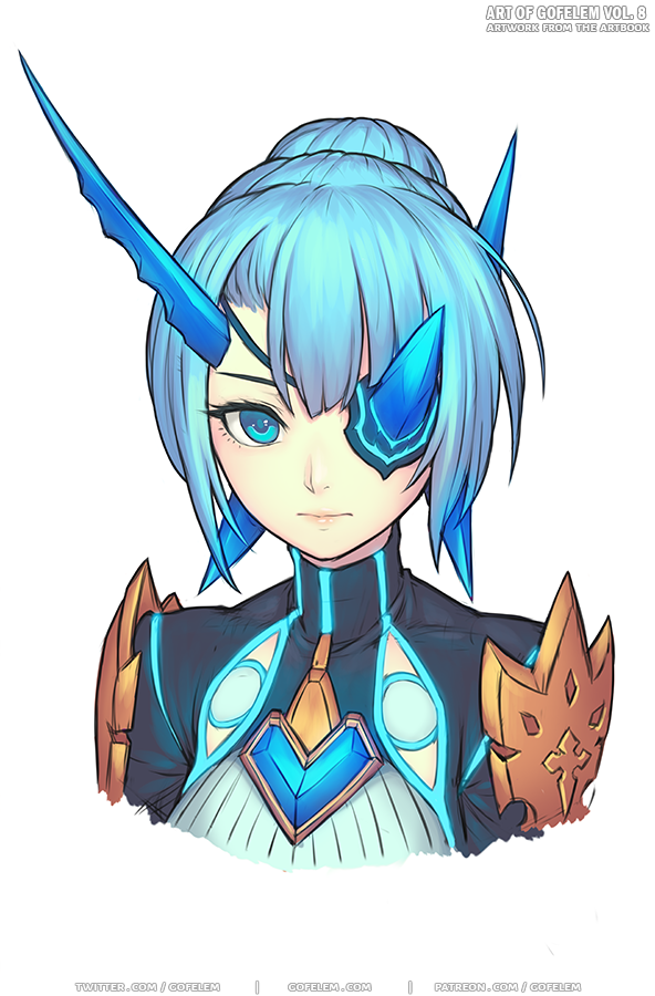 1girl, armor, blue_eyes, blue_hair, closed_mouth, commentary, eyepatch, gofelem