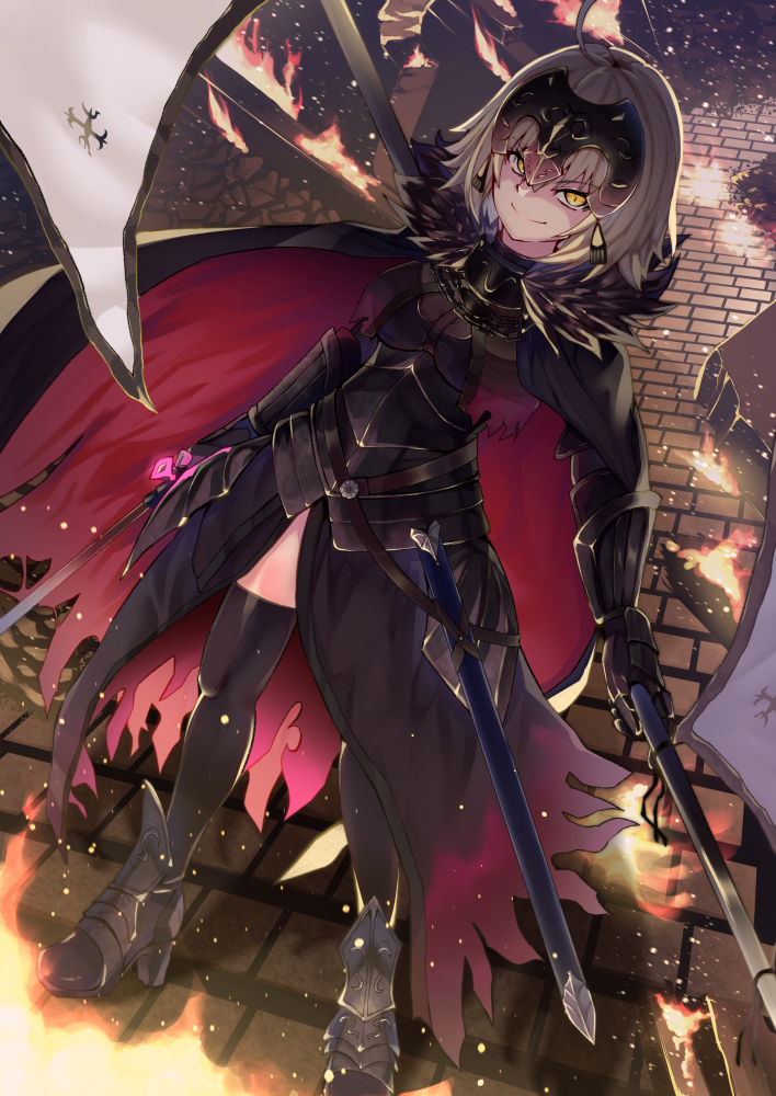 1girl, ahoge, anemone_noa, armor, armored_dress, bangs, black_dress, black_legwear
