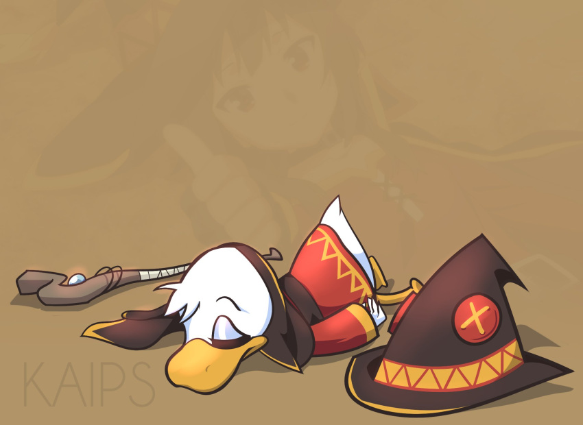 1boy, alternate_costume, animal, artist_name, beak, bird, bird_boy, black_cape, black_headwear, brown_background, cape, closed_eyes, closed_mouth, commentary, cosplay, disney, donald_duck, dress, duck, english_commentary, full_body, furry, hat, hat_removed, headwear_removed, highres, j.c._staff, kadokawa_shoten, kaips, kingdom_hearts, kono_subarashii_sekai_ni_shukufuku_wo!, long_sleeves, lying, megumin, megumin_(cosplay), mickey_mouse_(series), on_stomach, red_dress, sash, square_enix, staff, thumbs_up, unconscious, watermark, witch_hat