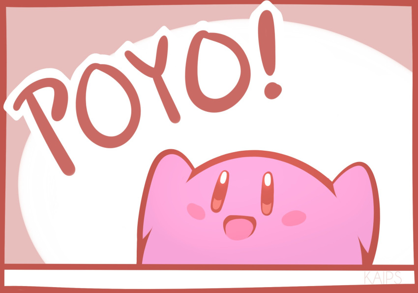 arms_up, artist_name, bench, blush, blush_stickers, border, brown_eyes, commentary, happy, highres, kaips, kirby, kirby_(series), open_mouth, red_border, simple_background, sketch, smile, solo, symbol_commentary, talking, text_focus, two-tone_background, upper_body, watermark, white_background