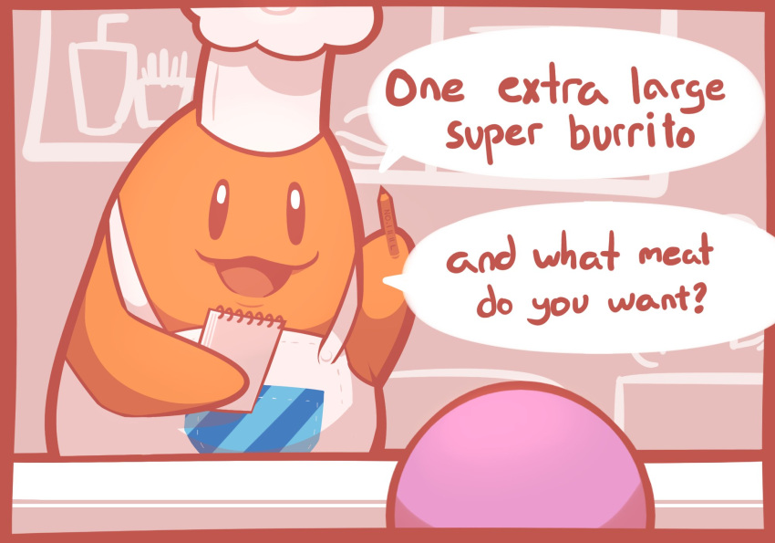 :3, apron, arm_up, bench, black_eyes, border, chef, chef_hat