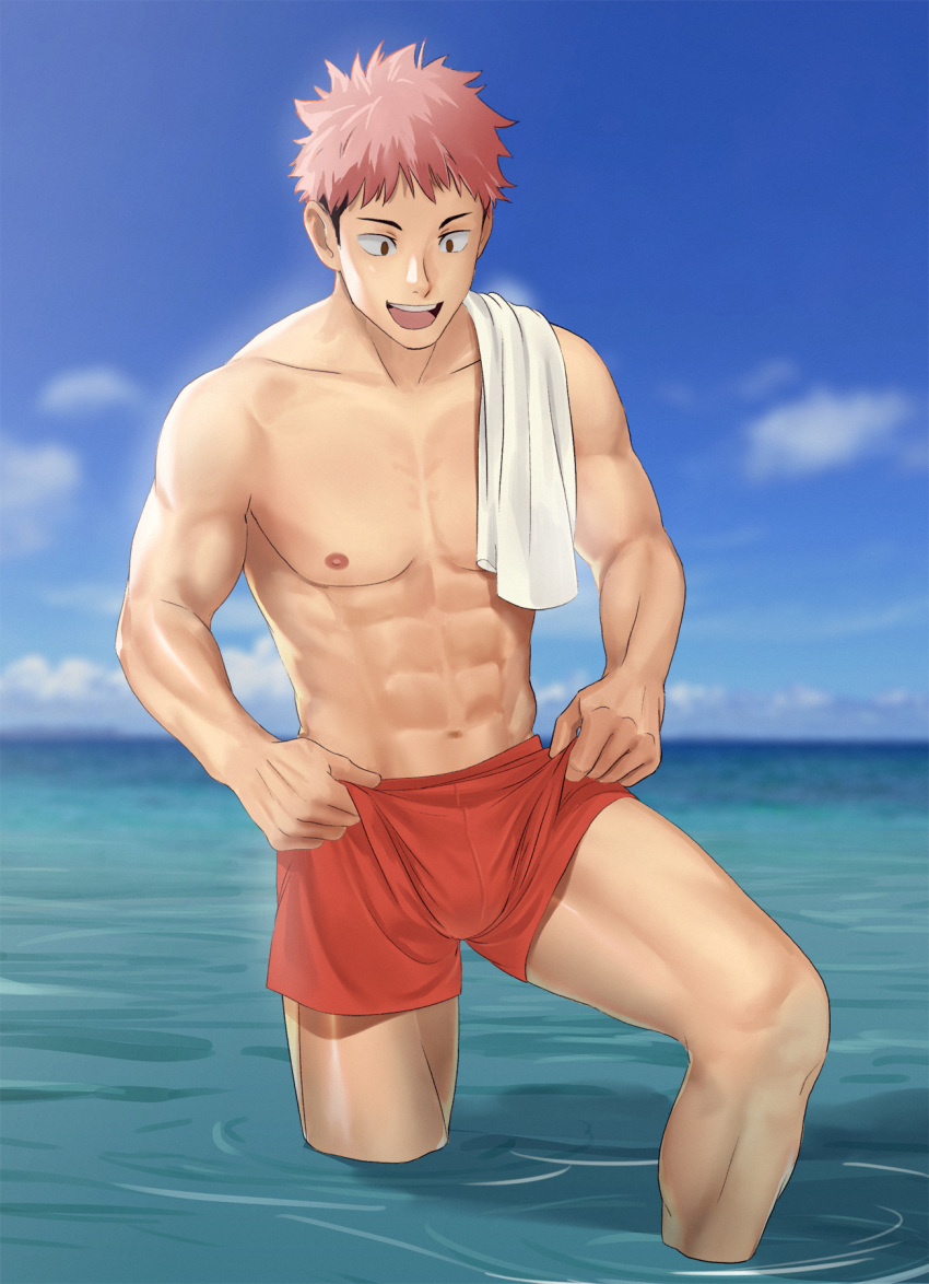 1boy, :d, abs, blurry, bulge, collarbone, day, depth_of_field, highres, itadori_yuuji, jujutsu_kaisen, leg_lift, male_focus, naoki_(xhju8282), navel, nipples, ocean, open_mouth, outdoors, pectorals, pink_hair, red_shorts, shirt_removed, shirtless, short_hair, short_shorts, shorts, smile, solo, spiky_hair, standing, tank_top, toned, toned_male, wading, water, white_tank_top