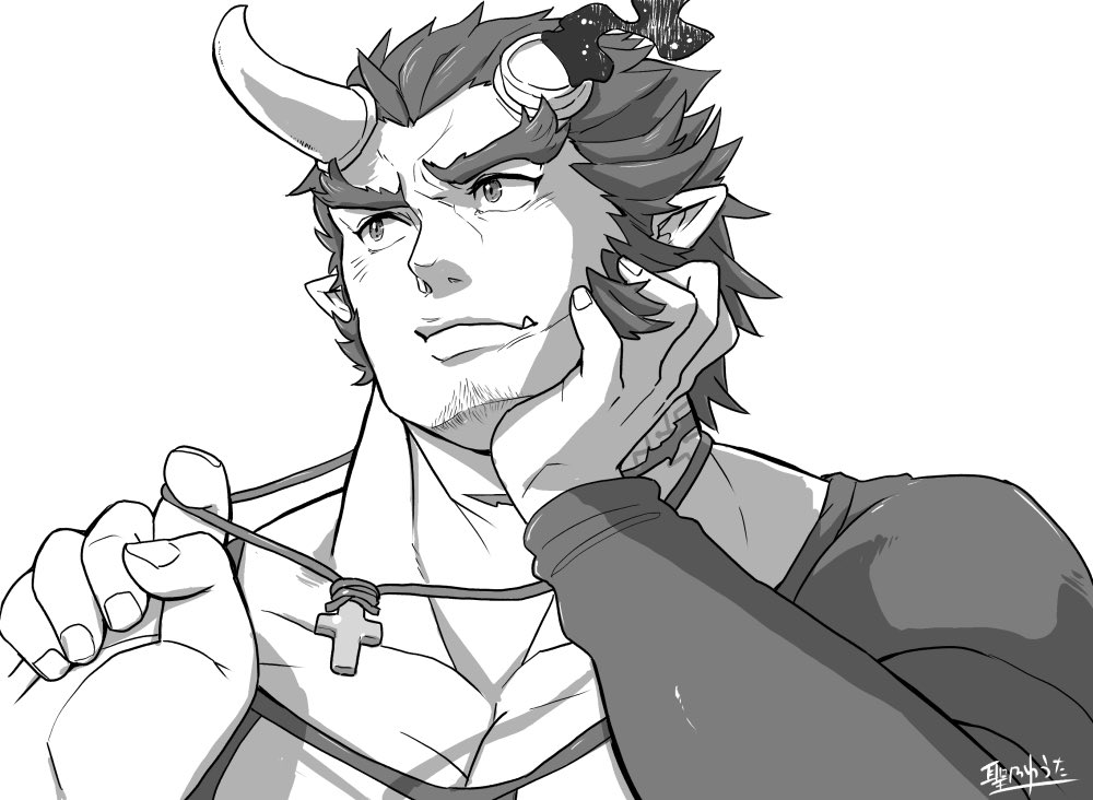 1boy, broken_horn, collarbone, demon_boy, demon_horns, elbow_rest, facial_hair, fiery_horns