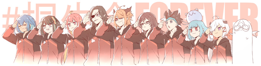 absurdres, ahoge, animal_on_head, antenna_hair, artist_self-insert, bags_under_eyes, blue_hair, borrowed_character, brown_hair, credits, eyepatch, glasses, green_hair, haira_(klaius), hashtag, headband, highres, hood, hooded_jacket, horns, hyde_(mr.holmes), jacket, kukie-nyan, long_hair, multicolored_hair, on_head, orange_hair, original, pointy_ears, redhead, salute, single_tear, smile, two-tone_hair, uniform, white_hair