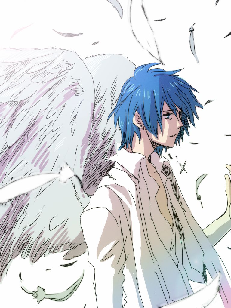 angel_wings, blue_eyes, blue_hair, feathers, himitsu_~kuro_no_chikai~_(vocaloid), izuxco, kaito, male