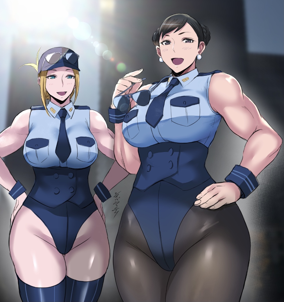 2girls, adapted_costume, biceps, chun-li, eyewear_on_headwear, eyewear_removed, hands_on_hips, hat